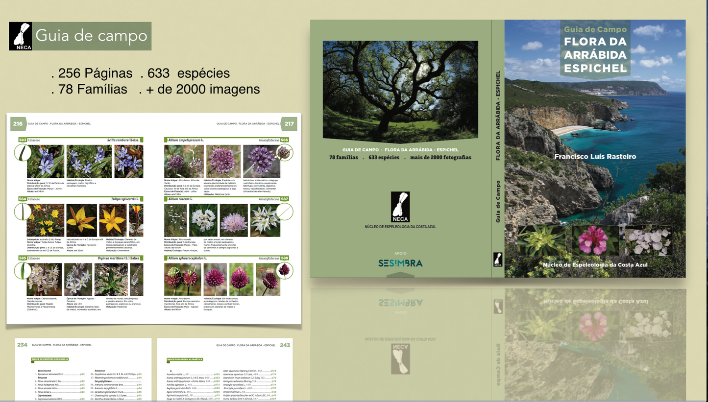 Flora da Arrabida Espichel field guide book showing cover with coastal cliffs and open pages with wildflower species, Arrabida Natural Park plant identification guide, Setubal Peninsula Portugal