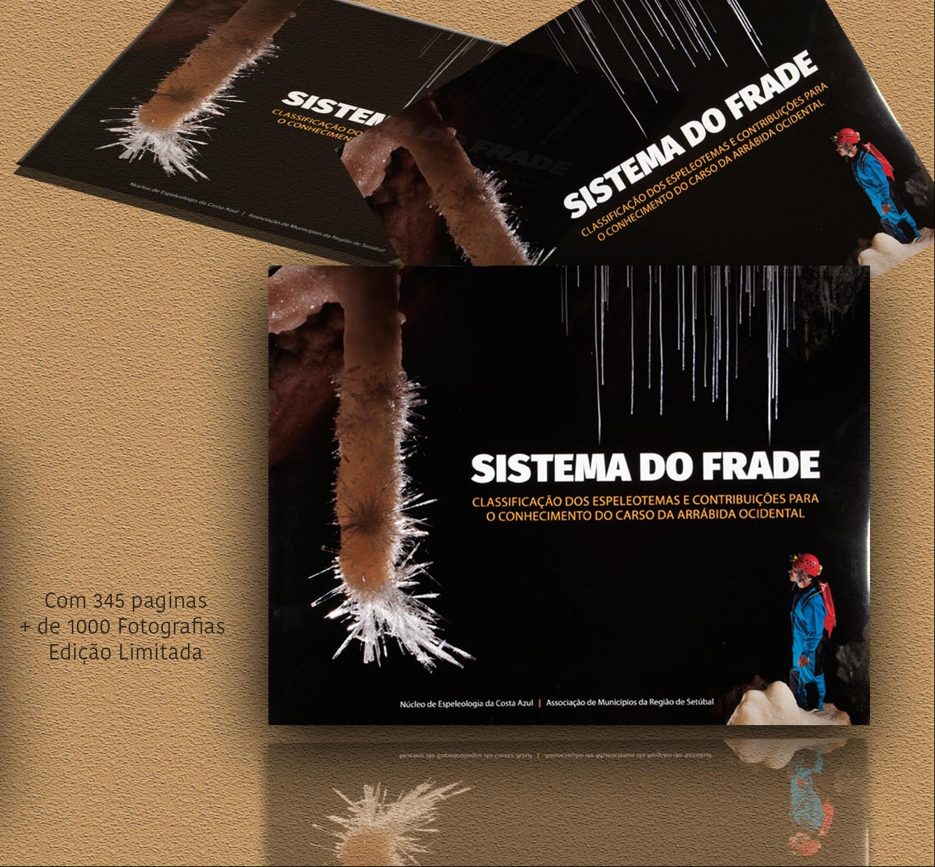 Sistema do Frade limited edition book cover showing cave explorer in Arrabida karst cave system, speleology guide to Arrabida Oriental caves, Setubal Peninsula Portugal